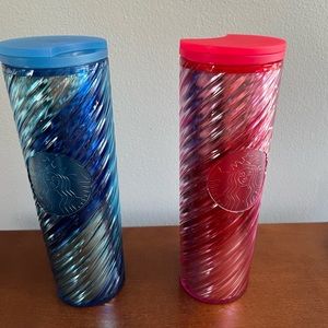 Brand new Starbucks red and blue ribbon tumblers. 16oz. NWT